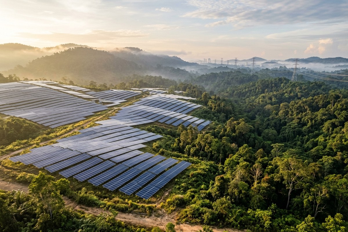 Hamparan ladang panel surya fotovoltaik biru berkilau di perbukitan Bukit Soeharto Kalimantan Timur berdampingan dengan hutan hujan tropis berkabut pagi