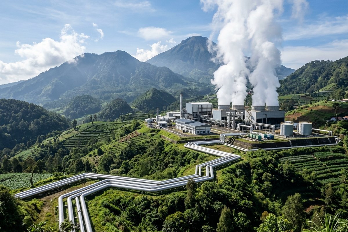 Instalasi pipa uap panas bumi dan fasilitas pembangkit listrik geotermal modern di kawasan dataran tinggi pegunungan Dieng