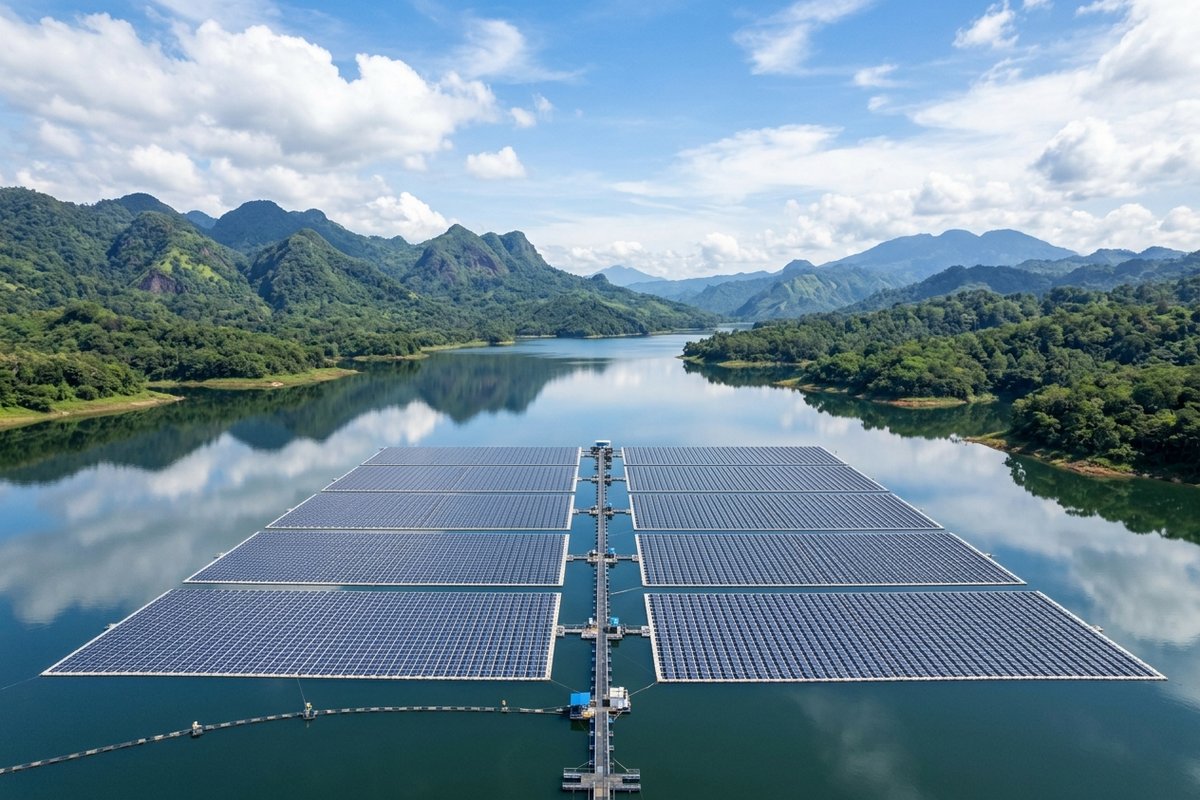 Hamparan susunan modul panel surya fotovoltaik terapung di permukaan air danau waduk Cirata dengan latar perbukitan hijau