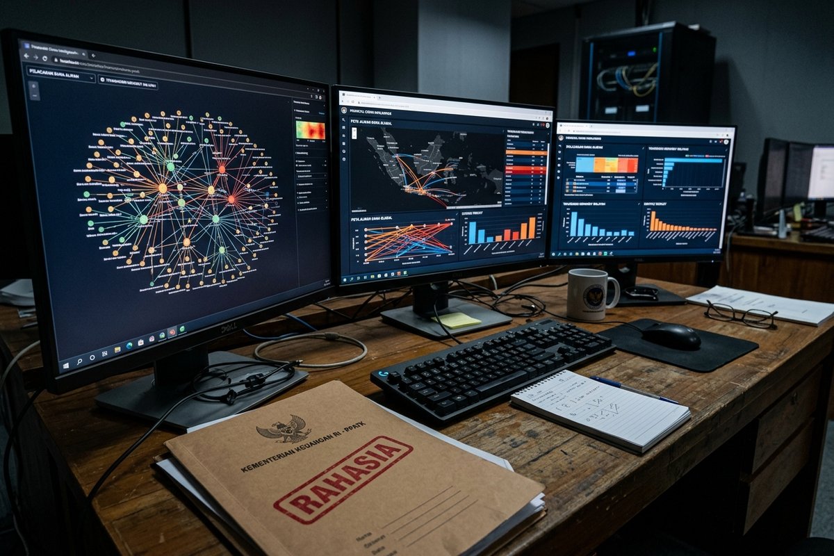 Antarmuka layar monitor pusat analisis intelijen transaksi keuangan dengan visual grafik jaringan aliran dana dan dokumen rahasia negara