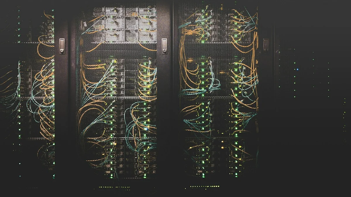 Server komputasi modern dengan pencahayaan sirkuit data