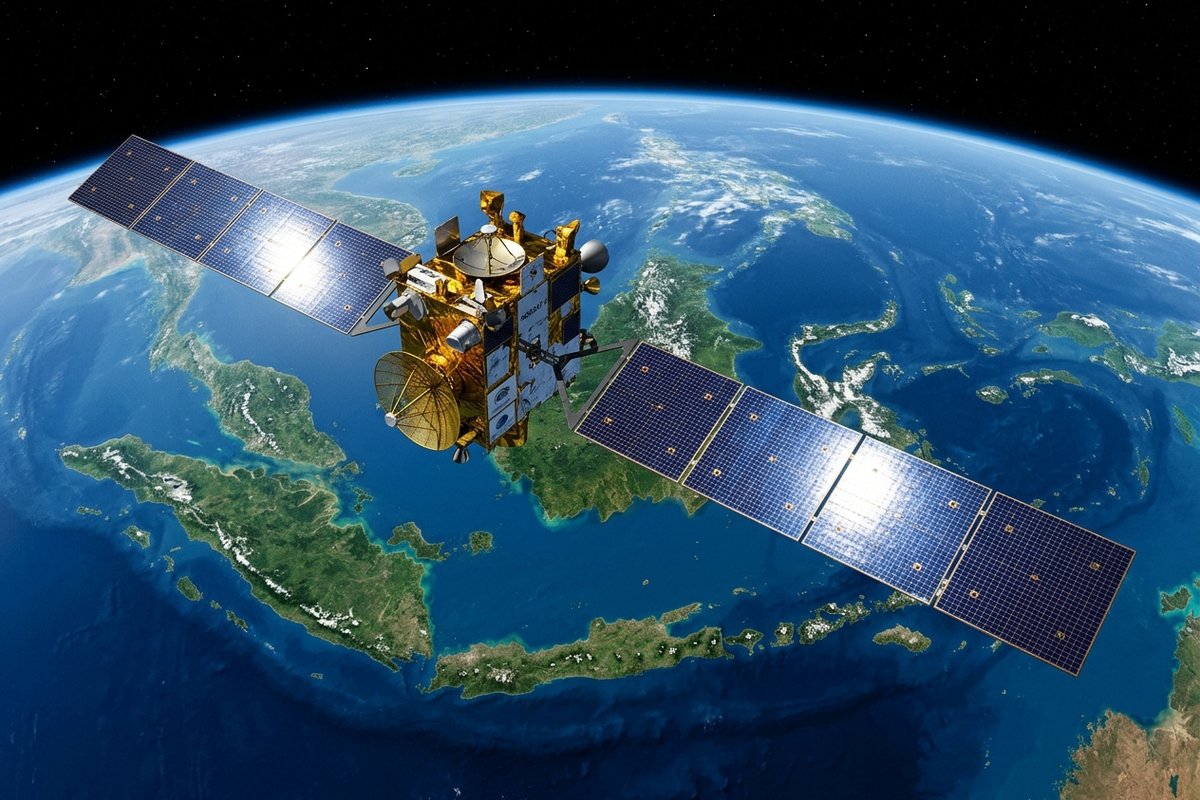 Wahana satelit telekomunikasi modern mengorbit bumi di atas bentang kepulauan nusantara