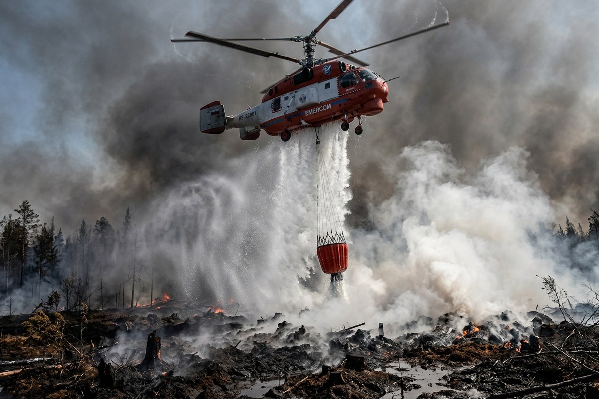 Helikopter pemadam api Kamov menumpahkan ribuan liter air dari ember gantung raksasa di atas kepulan asap kebakaran hutan gambut