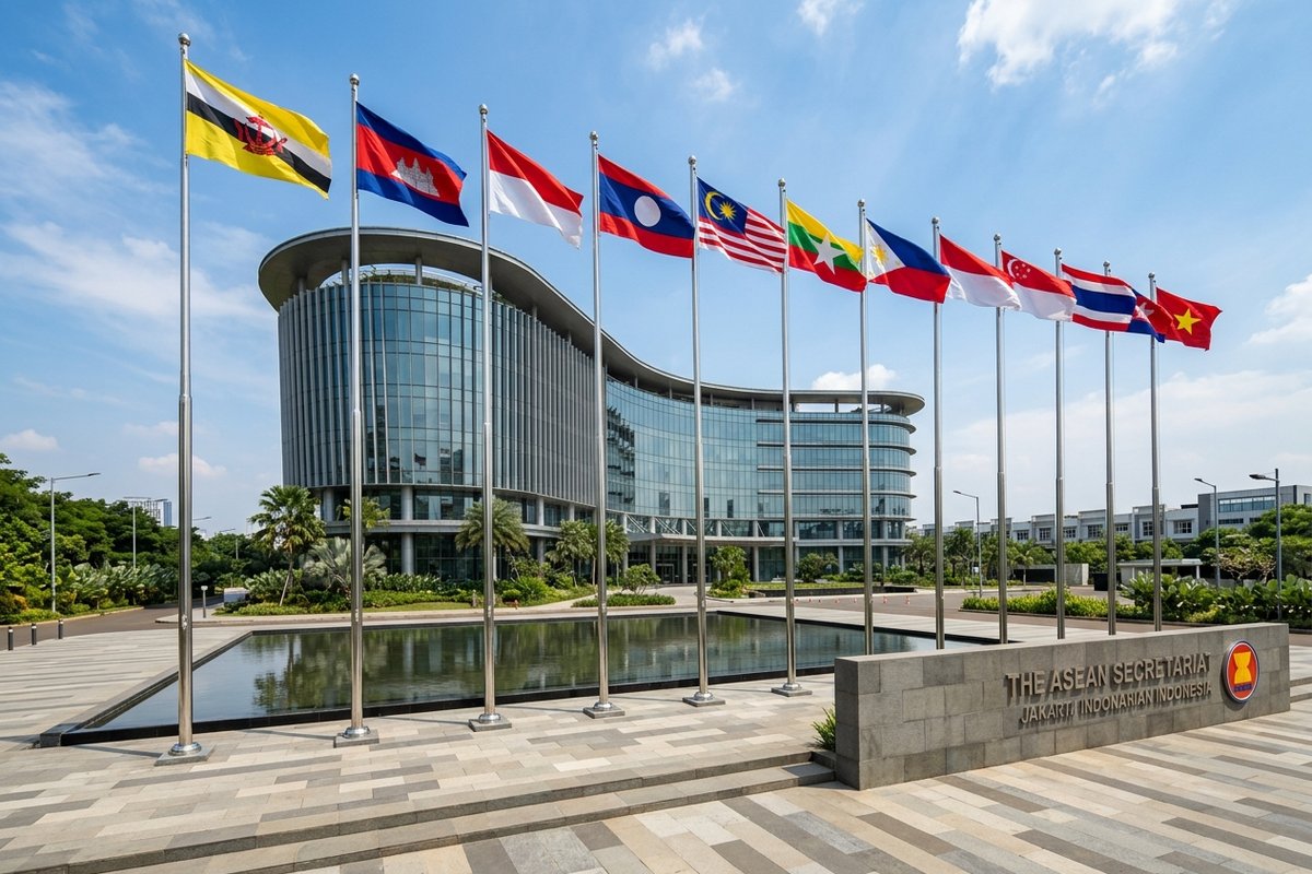 Gedung Sekretariat ASEAN di Jakarta dengan kibaran bendera sepuluh negara anggota di pelataran plaza modern