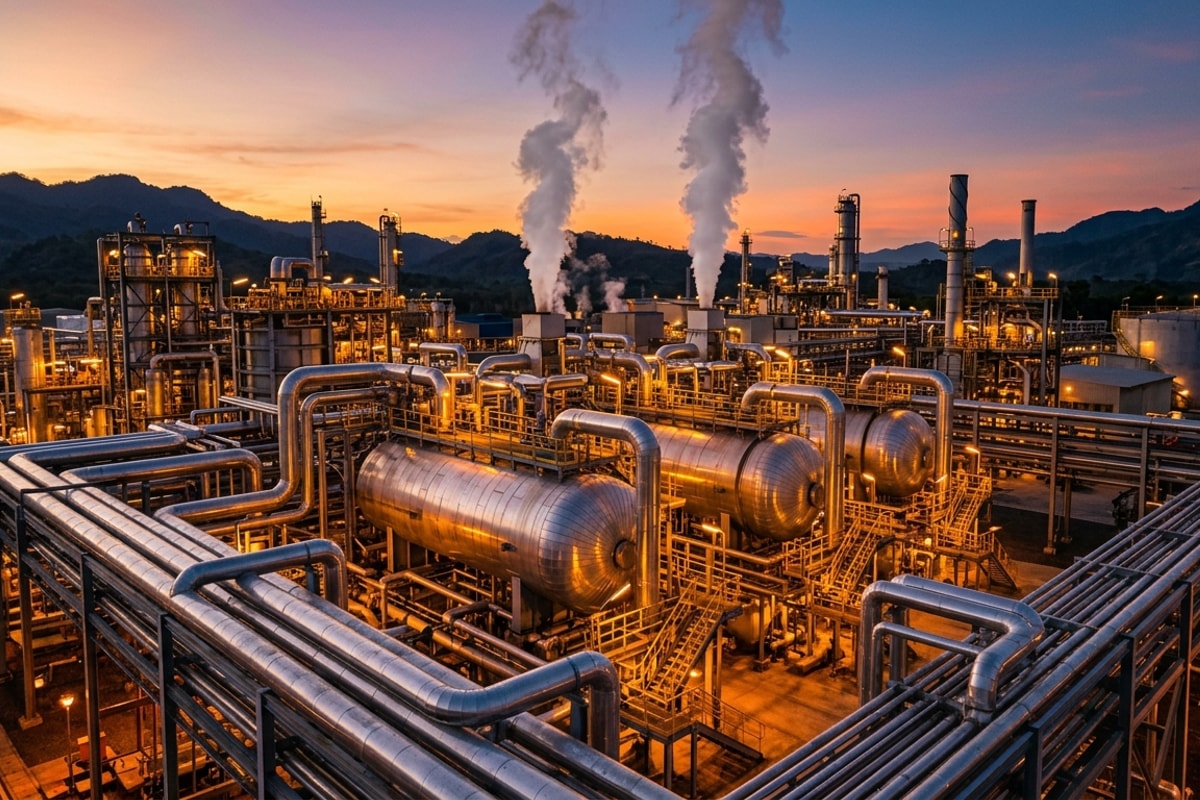 Pemandangan fasilitas pemurnian industri smelter hidrometalurgi HPAL dengan bejana autoklaf besar dan jaringan pipa logam saat senja