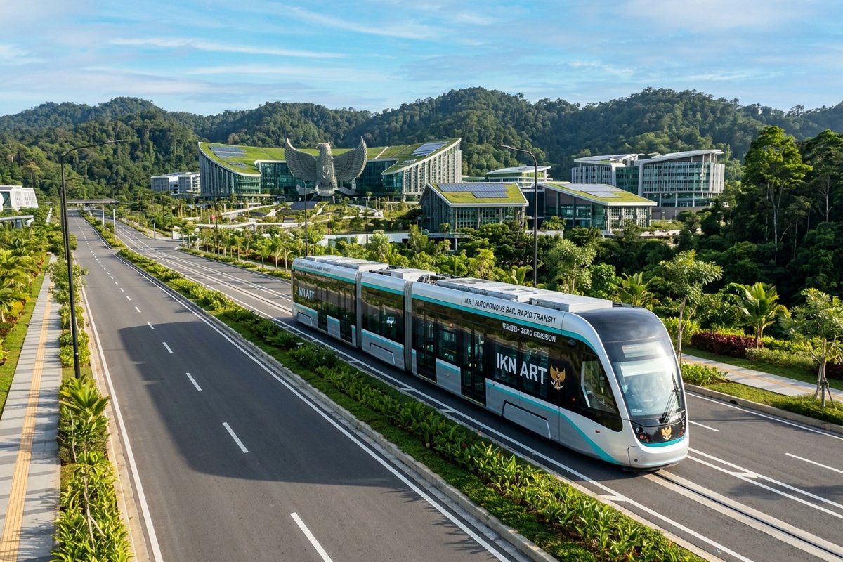 Rangkaian trem otonom tanpa rel Autonomous Rail Rapid Transit melaju di jalan utama Kawasan Inti Pusat Pemerintahan IKN